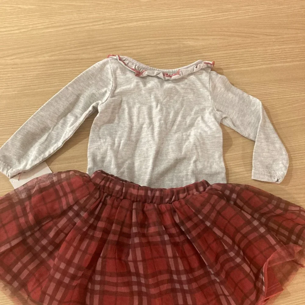 Disney Classic Mickey and Friends Set Gray Long Sleeve Top Plaid Skirt 12 Months